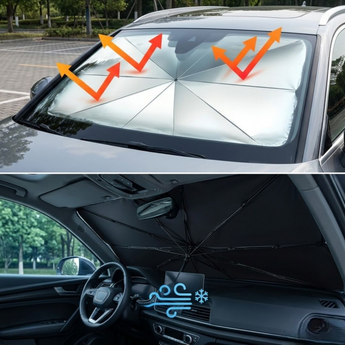 Сонцезахисна шторка-парасолька на лобове скло авто 133x75см